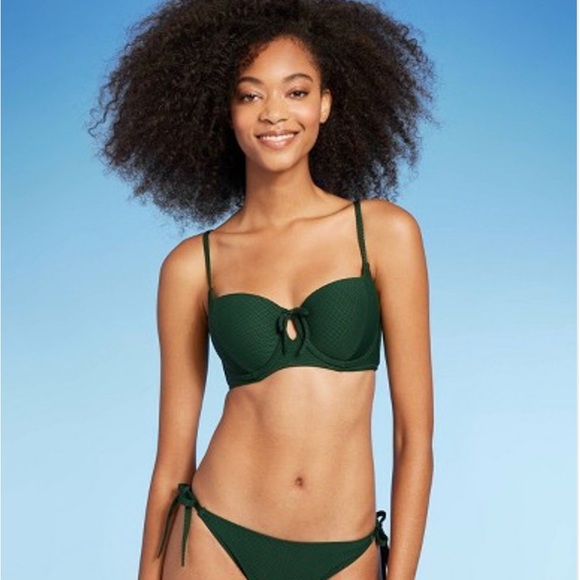 Shade & Shore Tie-Front Keyhole Pique Textured Dark Green Bikini Top - Picture 3 of 5